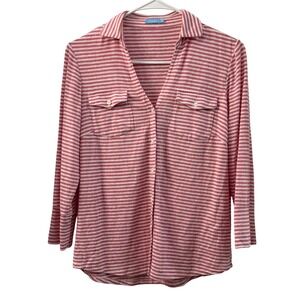 J. McLaughlin Pink White Striped Linen Button Down Shirt Womens XS Beach Casual